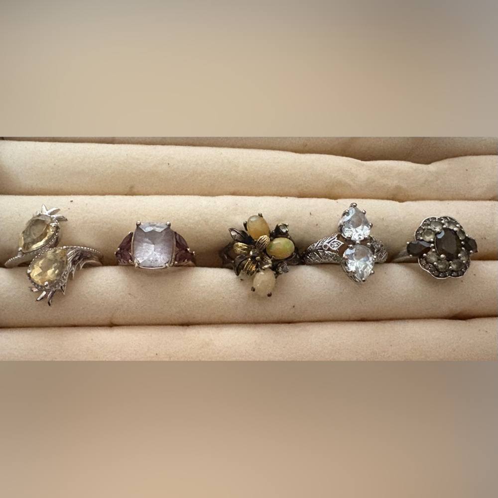 Ring Lot. Citrine, Rose Quartz, Opals, White Quartz, and Smokey Quart